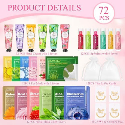 72 Pcs Bulk Gifts for Women - Facial Mask, Lip Balms, Hand Creams & Under Eye Patches - Spa Party Supplies, Party Favors for Bridal Wedding, Baby Shower, Sleepover Party, Christmas Stocking Stuffers Avelisse