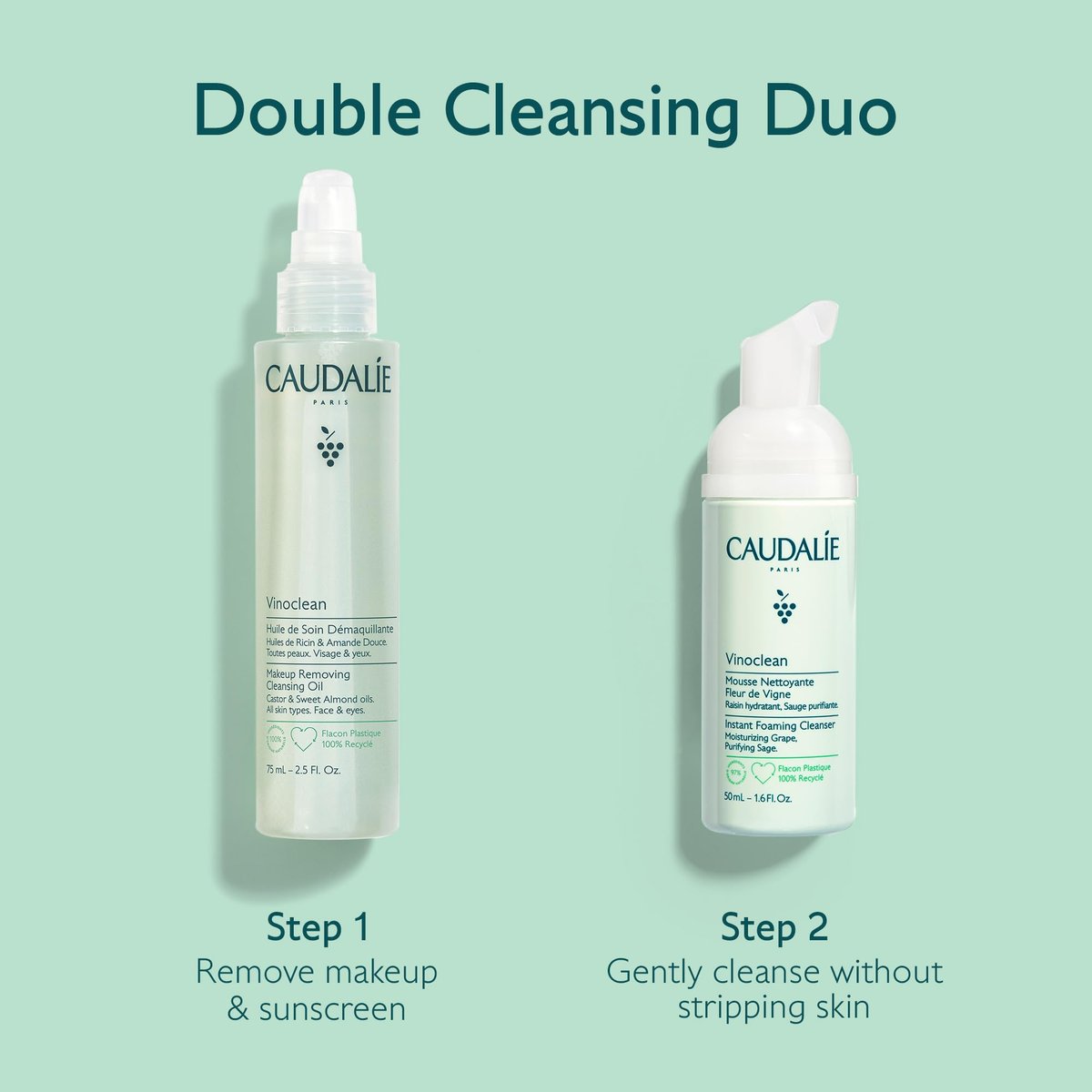 Caudalie Vinoclean Mother's Day Gift Set: Double Cleansing Duo with Makeup Removing Cleansing Oil and Instant Foaming Cleanser Avelisse