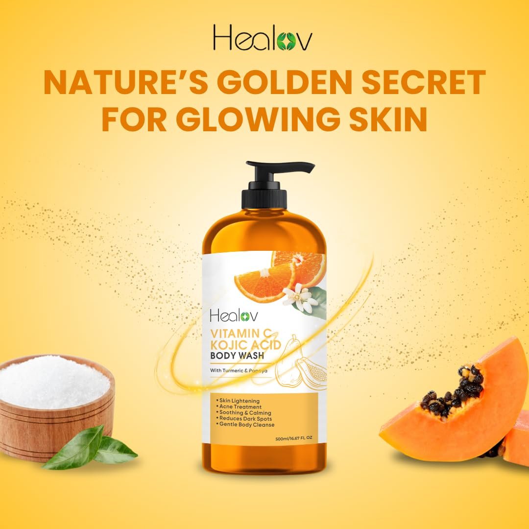 Kojic Acid Soap for Hyperpigmentation – Kojic Papaya Skin Brightening Body Wash – Turmeric Soap for Dark Spots, Acne Scars & Blemishes – Healov 16.67 oz - görsel 9
