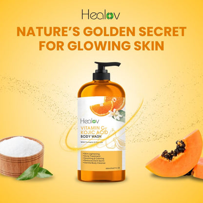 Kojic Acid Soap for Hyperpigmentation – Kojic Papaya Skin Brightening Body Wash – Turmeric Soap for Dark Spots, Acne Scars & Blemishes – Healov 16.67 oz