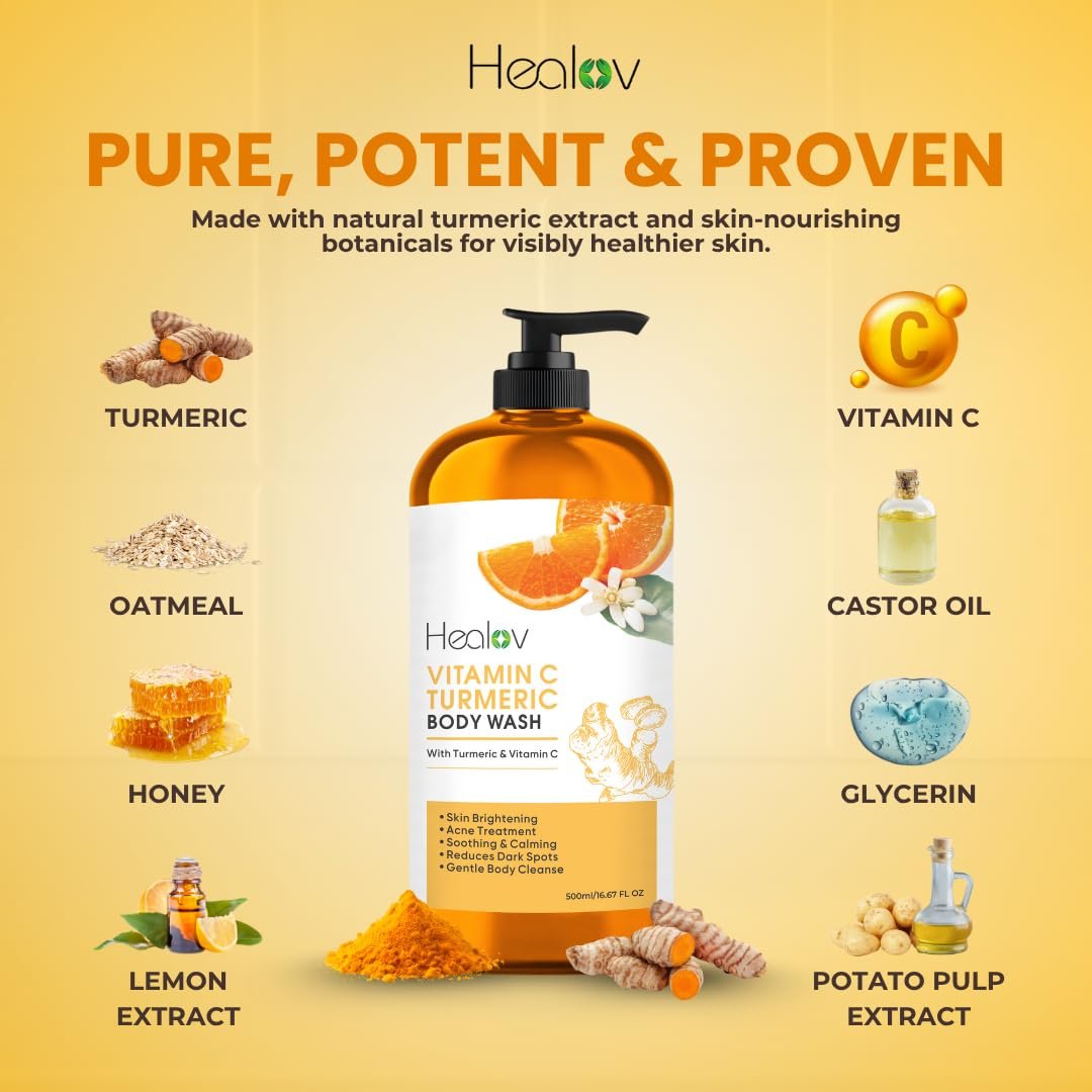 Turmeric Body Wash – Natural Skin Brightening Soap for Dark Spots & Hyperpigmentation – Exfoliating Face & Body Wash for Scars, Glow & Gentle Daily Cleansing – Plant-Based Liquid Bath Soap Avelisse