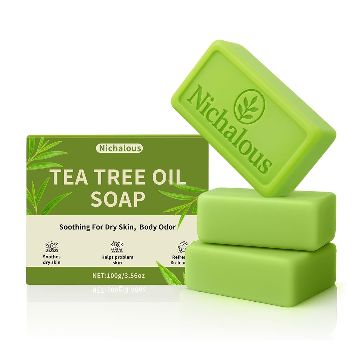 Nichalous 3-Pack Tea Tree Soap Bars - Natural Herbal Foot Soap with Tea Tree Oil, Coconut Oil & Witch Hazel for Deep Pore Cleansing - 3.5 oz Each Avelisse