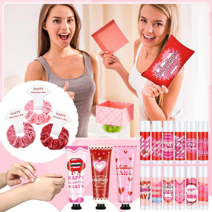 Dimsile 72-Piece Valentine's Day Gift Set: Travel Size Hand Cream, Lip Balm, Makeup Bag & Hair Scrunchies Bulk Set with Organza Bag and Heart Gift Card for Women
