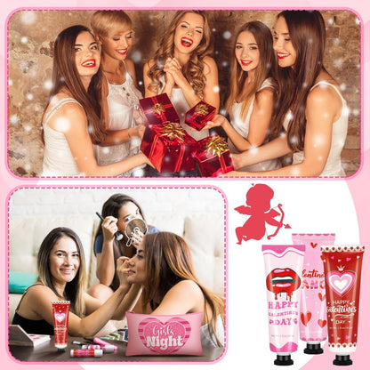 Dimsile 72-Piece Valentine's Day Gift Set: Travel Size Hand Cream, Lip Balm, Makeup Bag & Hair Scrunchies Bulk Set with Organza Bag and Heart Gift Card for Women