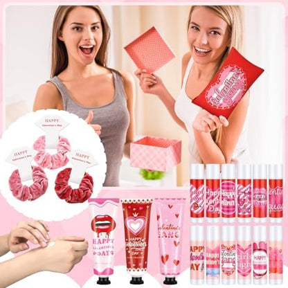 Dimsile 72-Piece Valentine's Day Gift Set: Travel Size Hand Cream, Lip Balm, Makeup Bag & Hair Scrunchies Bulk Set with Organza Bag and Heart Gift Card for Women