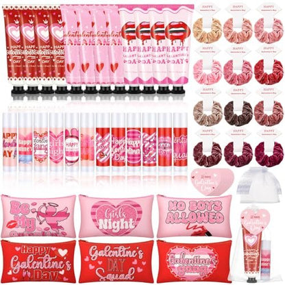 Dimsile 72-Piece Valentine's Day Gift Set: Travel Size Hand Cream, Lip Balm, Makeup Bag & Hair Scrunchies Bulk Set with Organza Bag and Heart Gift Card for Women