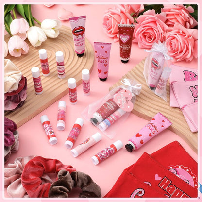 Dimsile 72-Piece Valentine's Day Gift Set: Travel Size Hand Cream, Lip Balm, Makeup Bag & Hair Scrunchies Bulk Set with Organza Bag and Heart Gift Card for Women