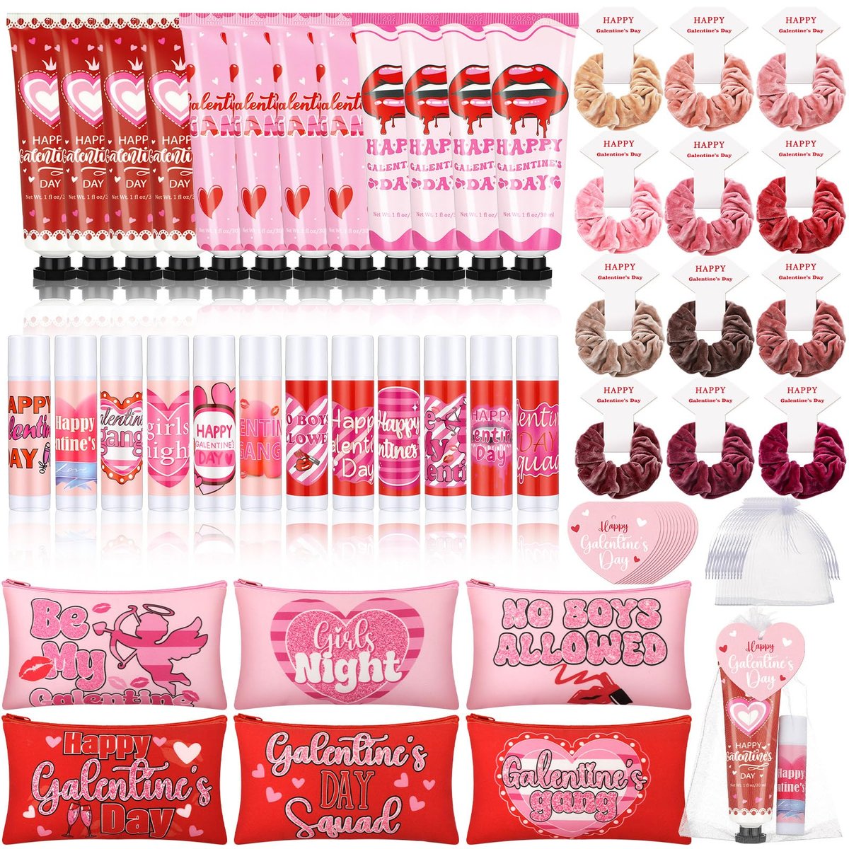 Dimsile 72-Piece Valentine's Day Gift Set: Travel Size Hand Cream, Lip Balm, Makeup Bag & Hair Scrunchies Bulk Set with Organza Bag and Heart Gift Card for Women - görsel 1