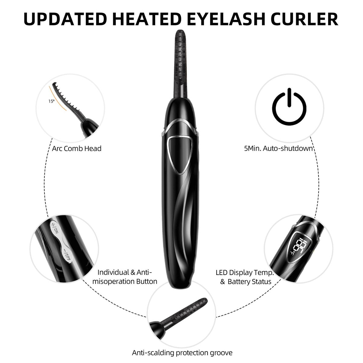 EYECURL Heated Eyelash Curler – Accurate Temperature Control, Auto-Off, Natural Curls (Black/Silver, S600-148MM) Avelisse