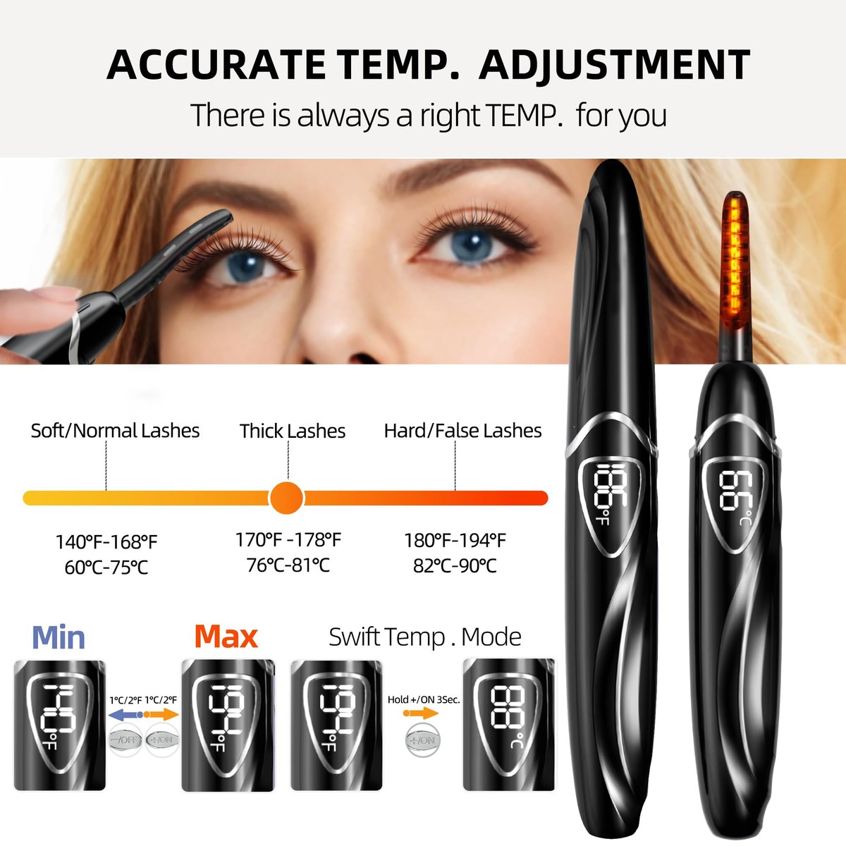 EYECURL Heated Eyelash Curler – Accurate Temperature Control, Auto-Off, Natural Curls (Black/Silver, S600-148MM) Avelisse