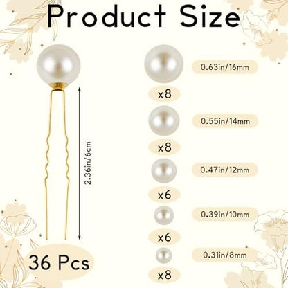 NEBURORA 36 Pcs Gold U Shape Pearl Hair Pins for Wedding Brides Bridesmaids Women