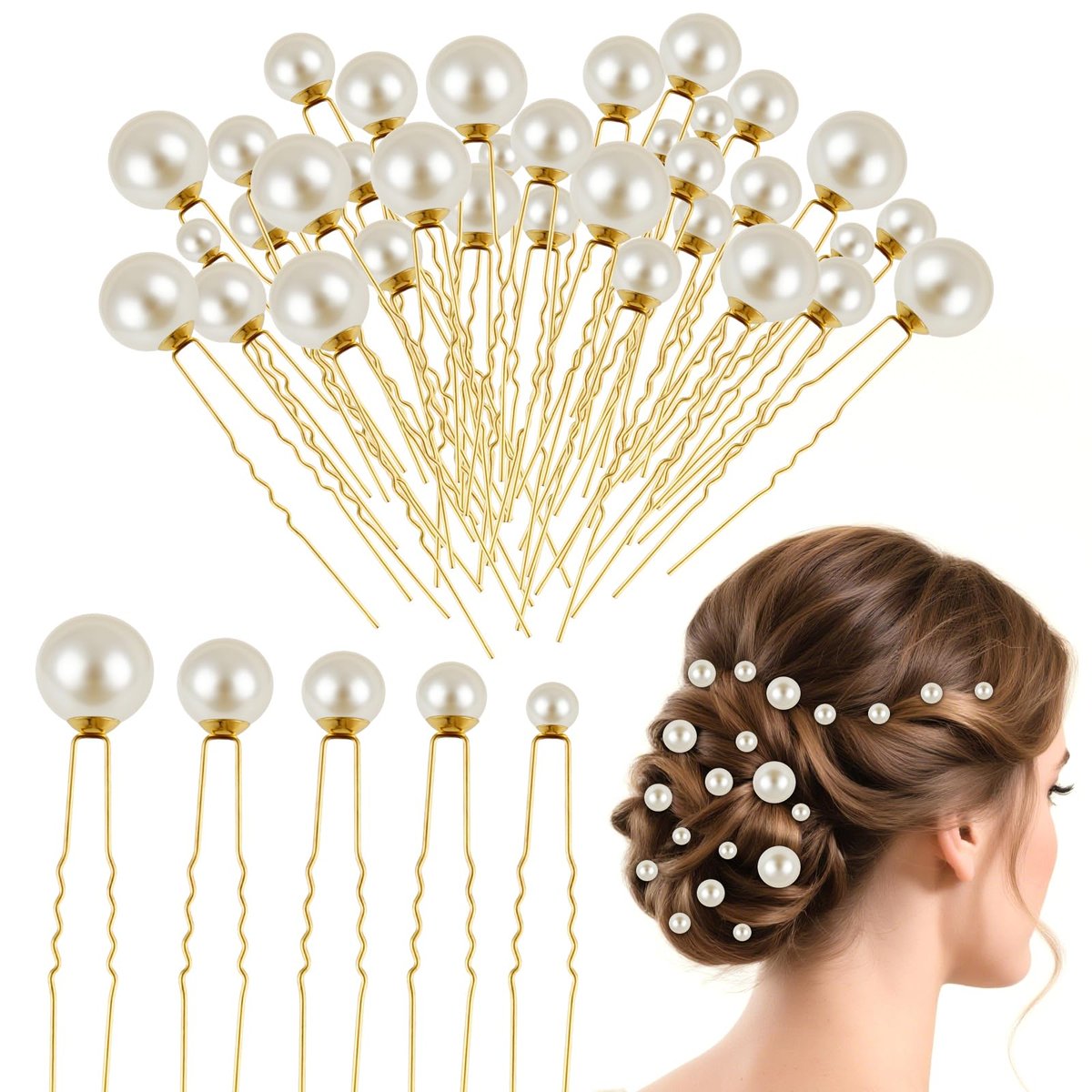NEBURORA 36 Pcs Gold U Shape Pearl Hair Pins for Wedding Brides Bridesmaids Women - görsel 1