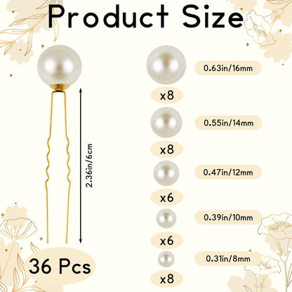 NEBURORA 36 Pcs Gold U Shape Pearl Hair Pins for Wedding Brides Bridesmaids Women