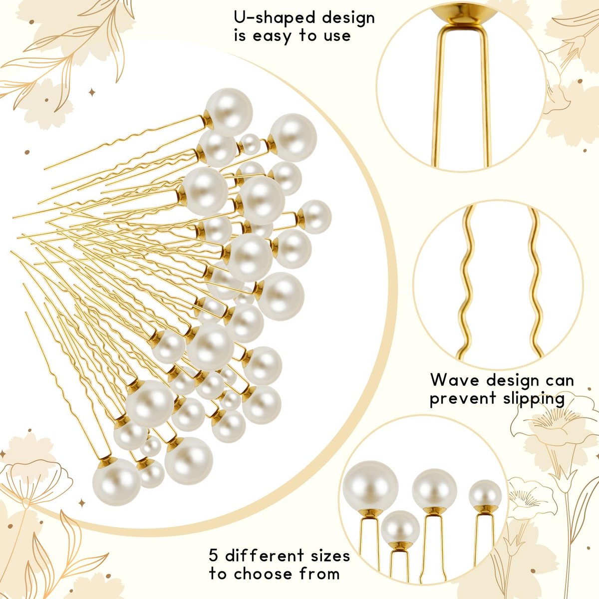 NEBURORA 36 Pcs Gold U Shape Pearl Hair Pins for Wedding Brides Bridesmaids Women - görsel 5