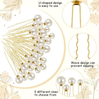NEBURORA 36 Pcs Gold U Shape Pearl Hair Pins for Wedding Brides Bridesmaids Women