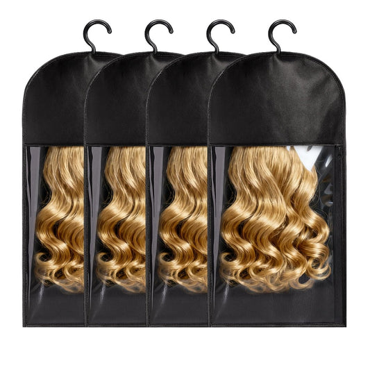 Wig Storage Bags with Hanger, 4-Pack Hair Extension Holder for Cosplay Wigs – Dustproof & Breathable, 24in Black