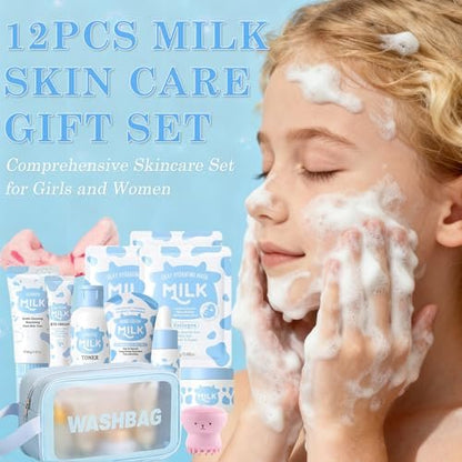 BliBling Milk Skin Care Set for Kids & Teens – 12 Piece Moisturizing & Gentle Face Care Kit for Girls Ages 8-12, Bulk Birthday Gift, Mothers Day Gift Avelisse