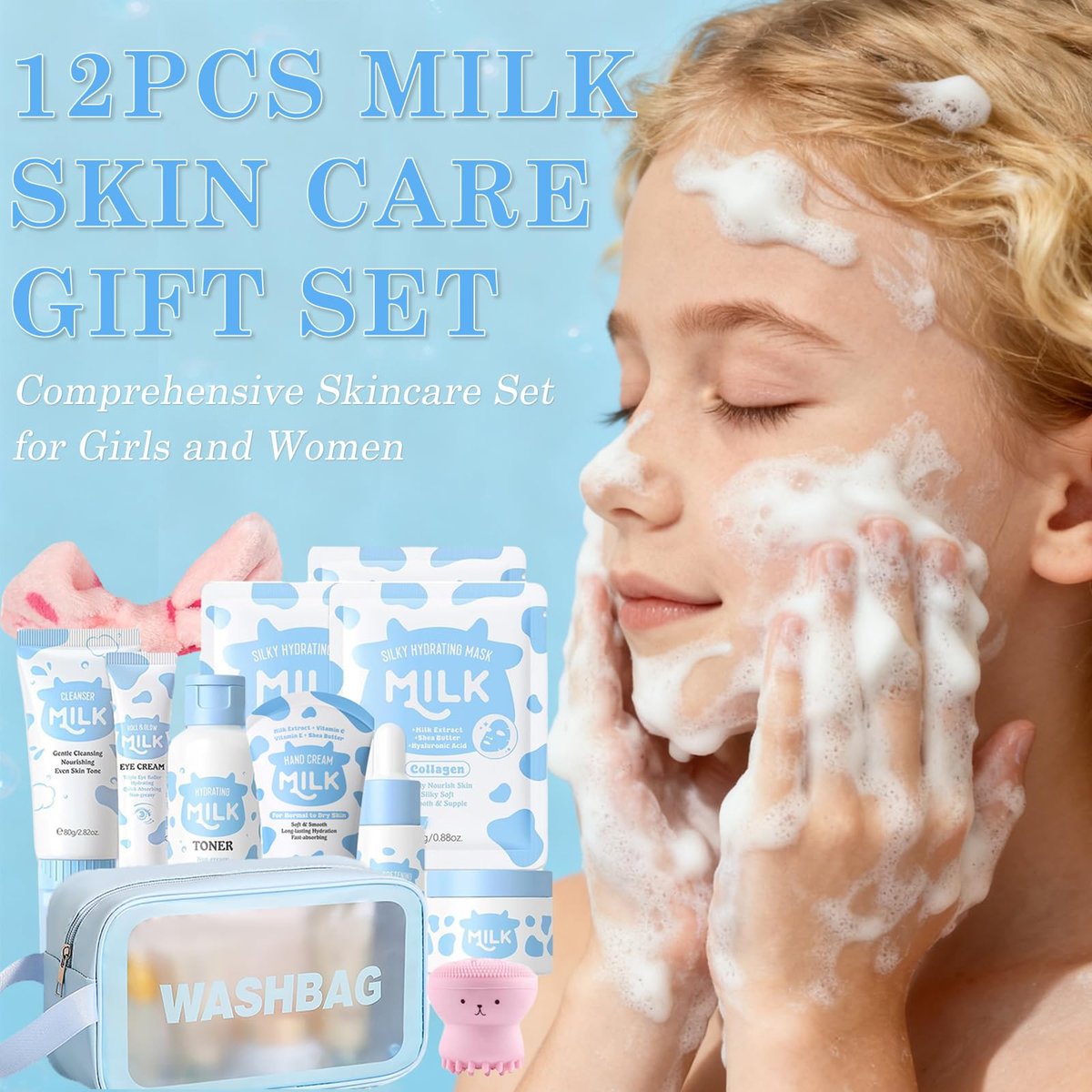 BliBling Milk Skin Care Set for Kids & Teens – 12 Piece Moisturizing & Gentle Face Care Kit for Girls Ages 8-12, Bulk Birthday Gift, Mothers Day Gift Avelisse