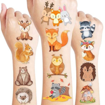 96PCS Woodland Animal Temporary Tattoos – Pre-Cut Forest & Camo Designs for Kids, Boys, Girls, Adults – 1st Birthday Party Favors, Decorations & Camping Gifts