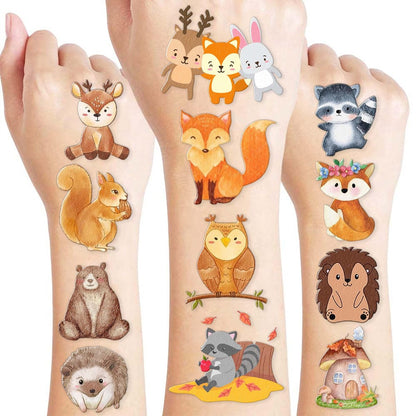 96PCS Woodland Animal Temporary Tattoos – Pre-Cut Forest & Camo Designs for Kids, Boys, Girls, Adults – 1st Birthday Party Favors, Decorations & Camping Gifts
