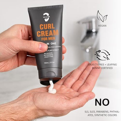 Curl Cream for Men, 5oz | Defines Curls, Controls Frizz & Hydrates with Medium Hold | Sulfate-Free, Organic & Natural Ingredients | Lightweight, Non-Greasy Styling Cream for Wavy & Curly Hair Avelisse