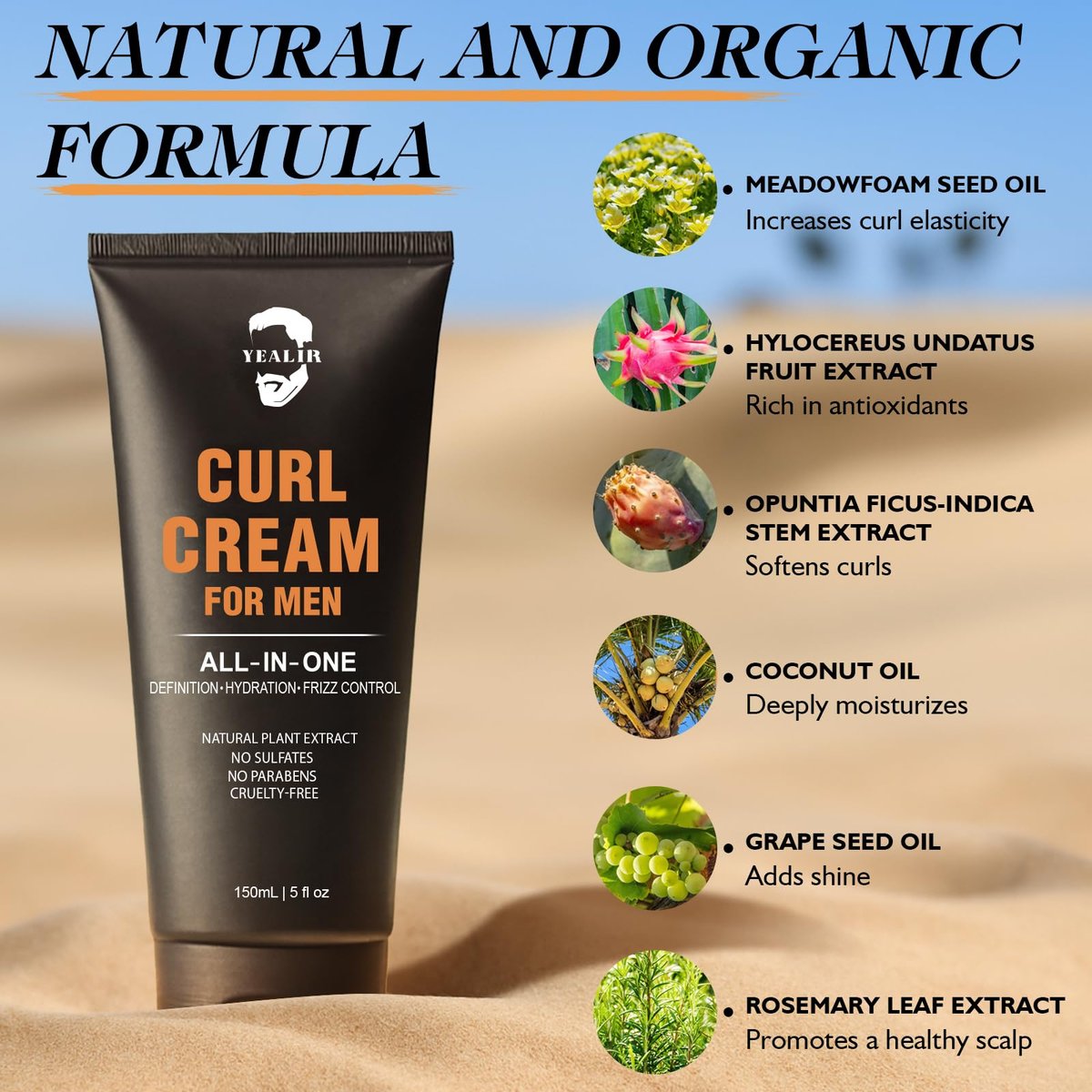 Curl Cream for Men, 5oz | Defines Curls, Controls Frizz & Hydrates with Medium Hold | Sulfate-Free, Organic & Natural Ingredients | Lightweight, Non-Greasy Styling Cream for Wavy & Curly Hair Avelisse