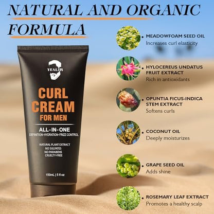 Curl Cream for Men, 5oz | Defines Curls, Controls Frizz & Hydrates with Medium Hold | Sulfate-Free, Organic & Natural Ingredients | Lightweight, Non-Greasy Styling Cream for Wavy & Curly Hair Avelisse