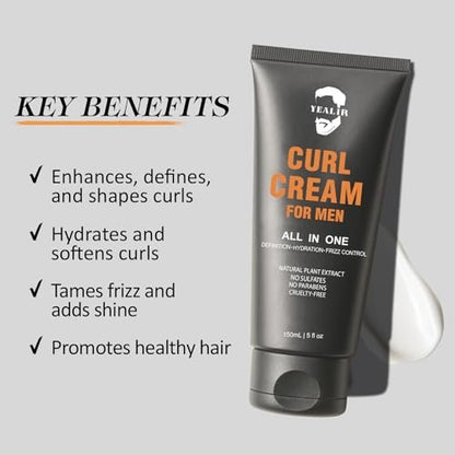Curl Cream for Men, 5oz | Defines Curls, Controls Frizz & Hydrates with Medium Hold | Sulfate-Free, Organic & Natural Ingredients | Lightweight, Non-Greasy Styling Cream for Wavy & Curly Hair Avelisse