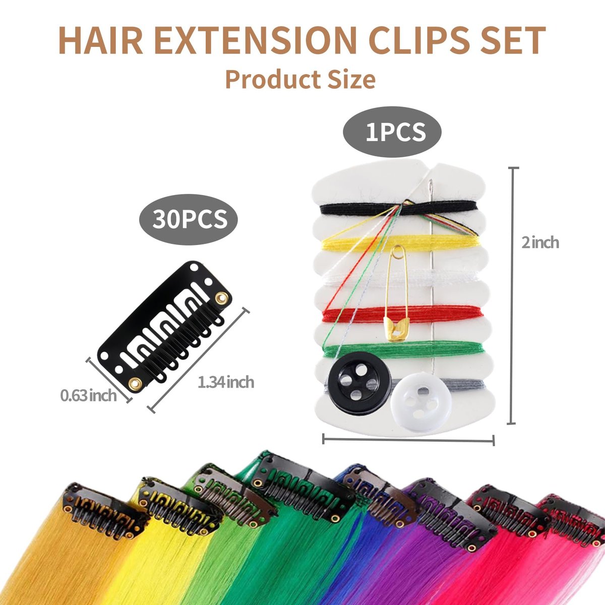 30 Pieces Wig Clips to Secure, Flat Hair Clip, Hair Extension Clip with Thread Kit, Hair Extensions Clip for Women, Bangs Hair Clip DIY Set for Kids and Pets, Black Chunni Clips - görsel 3
