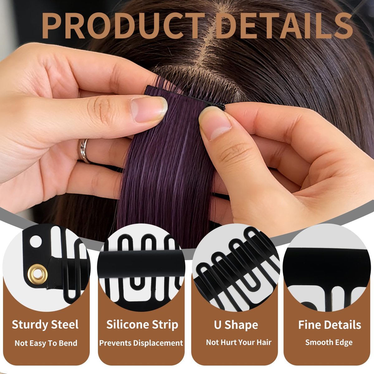 30 Pieces Wig Clips to Secure, Flat Hair Clip, Hair Extension Clip with Thread Kit, Hair Extensions Clip for Women, Bangs Hair Clip DIY Set for Kids and Pets, Black Chunni Clips - görsel 7