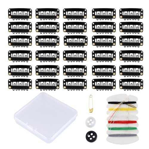 30 Pieces Wig Clips to Secure, Flat Hair Clip, Hair Extension Clip with Thread Kit, Hair Extensions Clip for Women, Bangs Hair Clip DIY Set for Kids and Pets, Black Chunni Clips - görsel 2