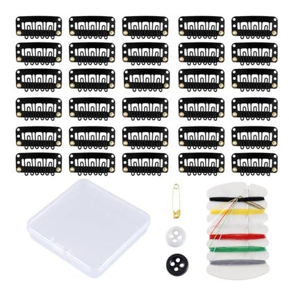 30 Pieces Wig Clips to Secure, Flat Hair Clip, Hair Extension Clip with Thread Kit, Hair Extensions Clip for Women, Bangs Hair Clip DIY Set for Kids and Pets, Black Chunni Clips