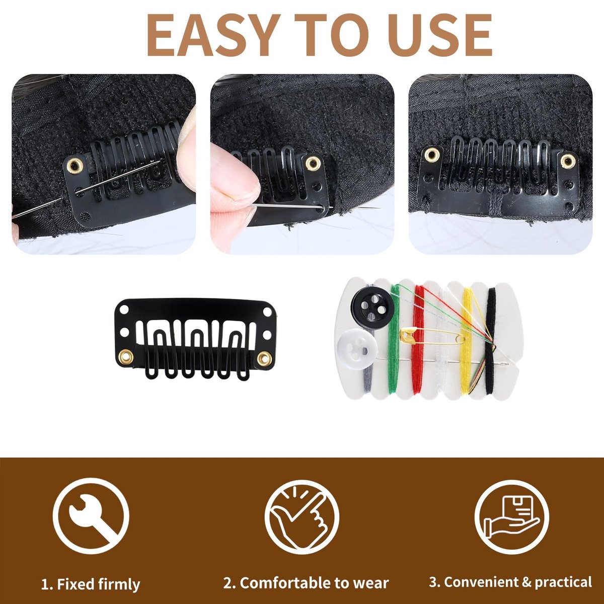 30 Pieces Wig Clips to Secure, Flat Hair Clip, Hair Extension Clip with Thread Kit, Hair Extensions Clip for Women, Bangs Hair Clip DIY Set for Kids and Pets, Black Chunni Clips - görsel 5