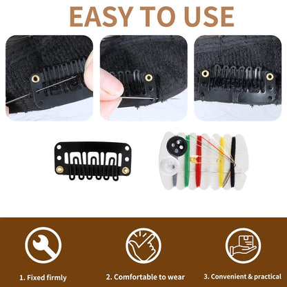 30 Pieces Wig Clips to Secure, Flat Hair Clip, Hair Extension Clip with Thread Kit, Hair Extensions Clip for Women, Bangs Hair Clip DIY Set for Kids and Pets, Black Chunni Clips