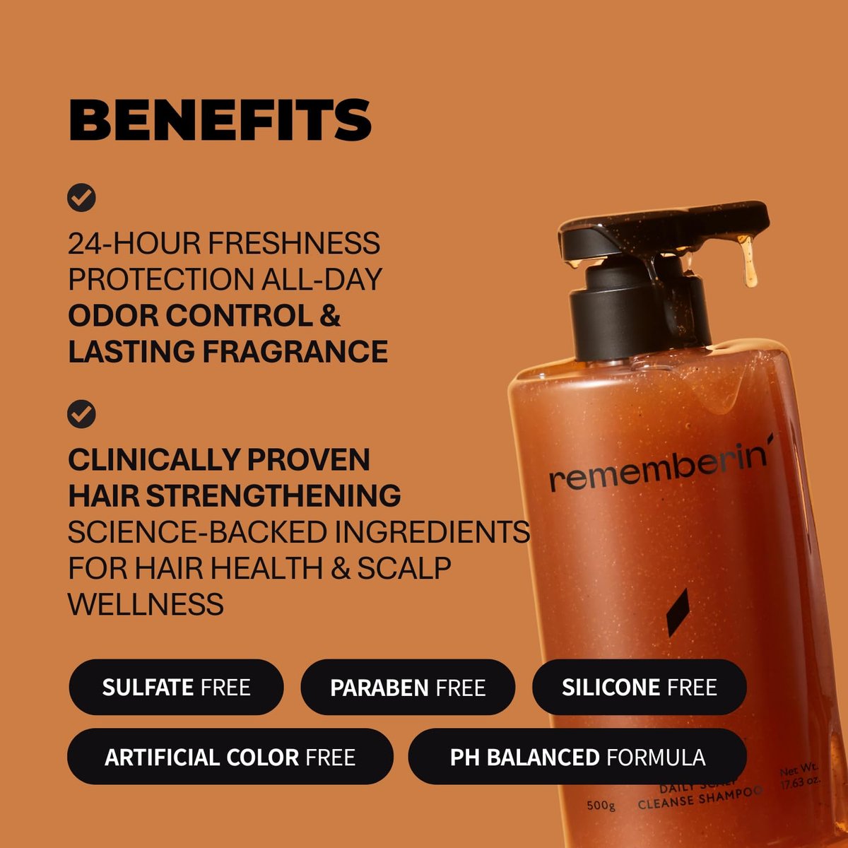 Rememberin Korean Persimmon Shampoo for Scalp Odor & Smelly Scalp – Korean Persimmon Extract, Anti-Dandruff Deep Cleansing with Salicylic Acid & Biotin, Remove Oil & Buildup (17.6 oz / 500g) Avelisse