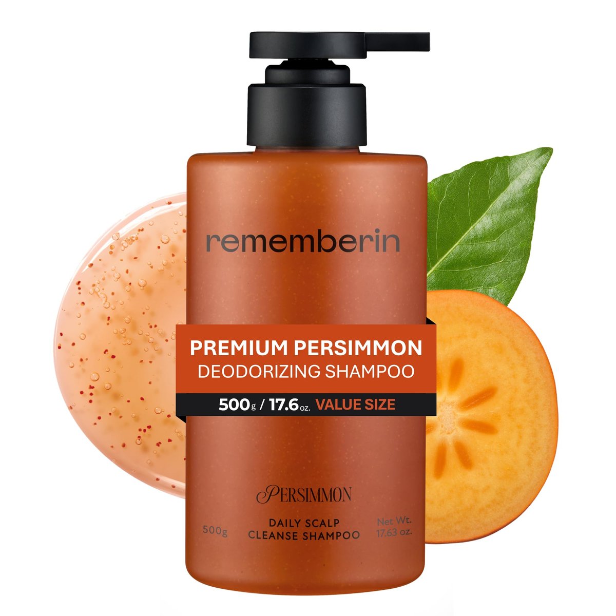 Rememberin Korean Persimmon Shampoo for Scalp Odor & Smelly Scalp – Korean Persimmon Extract, Anti-Dandruff Deep Cleansing with Salicylic Acid & Biotin, Remove Oil & Buildup (17.6 oz / 500g) Avelisse