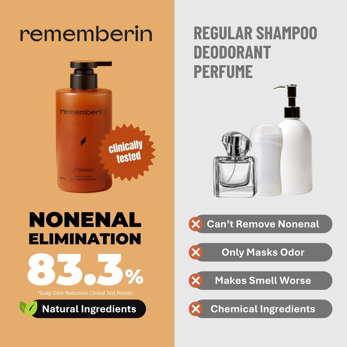 Rememberin Korean Persimmon Shampoo for Scalp Odor & Smelly Scalp – Korean Persimmon Extract, Anti-Dandruff Deep Cleansing with Salicylic Acid & Biotin, Remove Oil & Buildup (17.6 oz / 500g) Avelisse