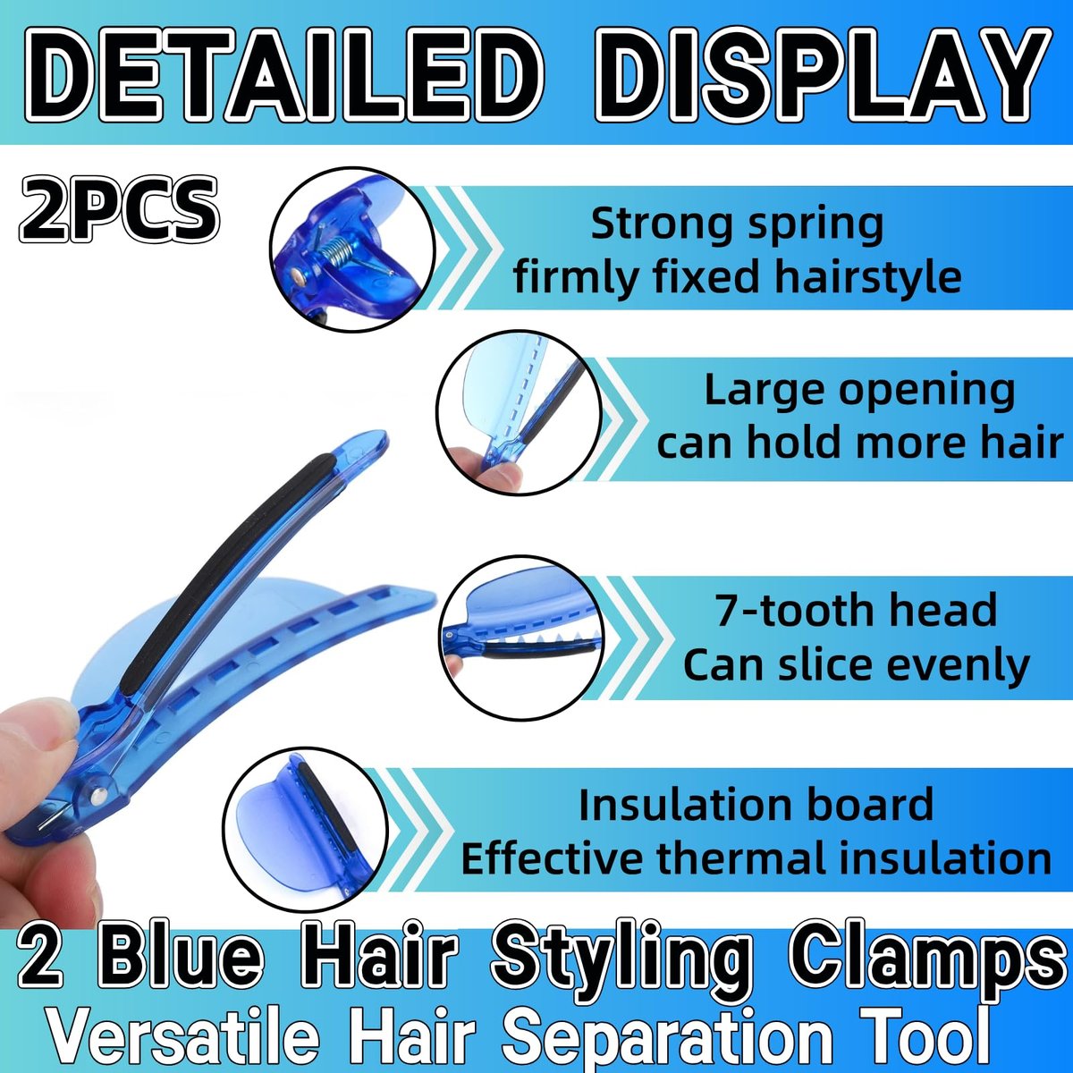 Heat Insulation Sectioning Clips, 2PCS Blue Hair Styling Clips - Wig & Extension Separator Tools 7-Tooth Design (9.5x4.5cm/3.7x1.7in) for Highlighting, Dyeing, Salon & Home Use - görsel 5