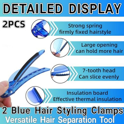 Heat Insulation Sectioning Clips, 2PCS Blue Hair Styling Clips - Wig & Extension Separator Tools 7-Tooth Design (9.5x4.5cm/3.7x1.7in) for Highlighting, Dyeing, Salon & Home Use