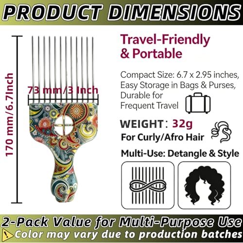 2 Pack Stainless Steel Professional Hair Styling Pick Comb – Wide Tooth Afro Pick for Detangling, Lifting & Volume – Ideal for Women and Men with Curly Hair (Waist Flower K3) - görsel 4