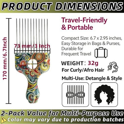 2 Pack Stainless Steel Professional Hair Styling Pick Comb – Wide Tooth Afro Pick for Detangling, Lifting & Volume – Ideal for Women and Men with Curly Hair (Waist Flower K3)
