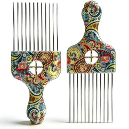 2 Pack Stainless Steel Professional Hair Styling Pick Comb – Wide Tooth Afro Pick for Detangling, Lifting & Volume – Ideal for Women and Men with Curly Hair (Waist Flower K3) - görsel 2