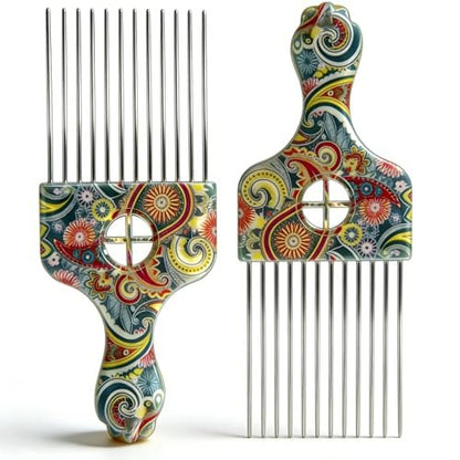 2 Pack Stainless Steel Professional Hair Styling Pick Comb – Wide Tooth Afro Pick for Detangling, Lifting & Volume – Ideal for Women and Men with Curly Hair (Waist Flower K3)