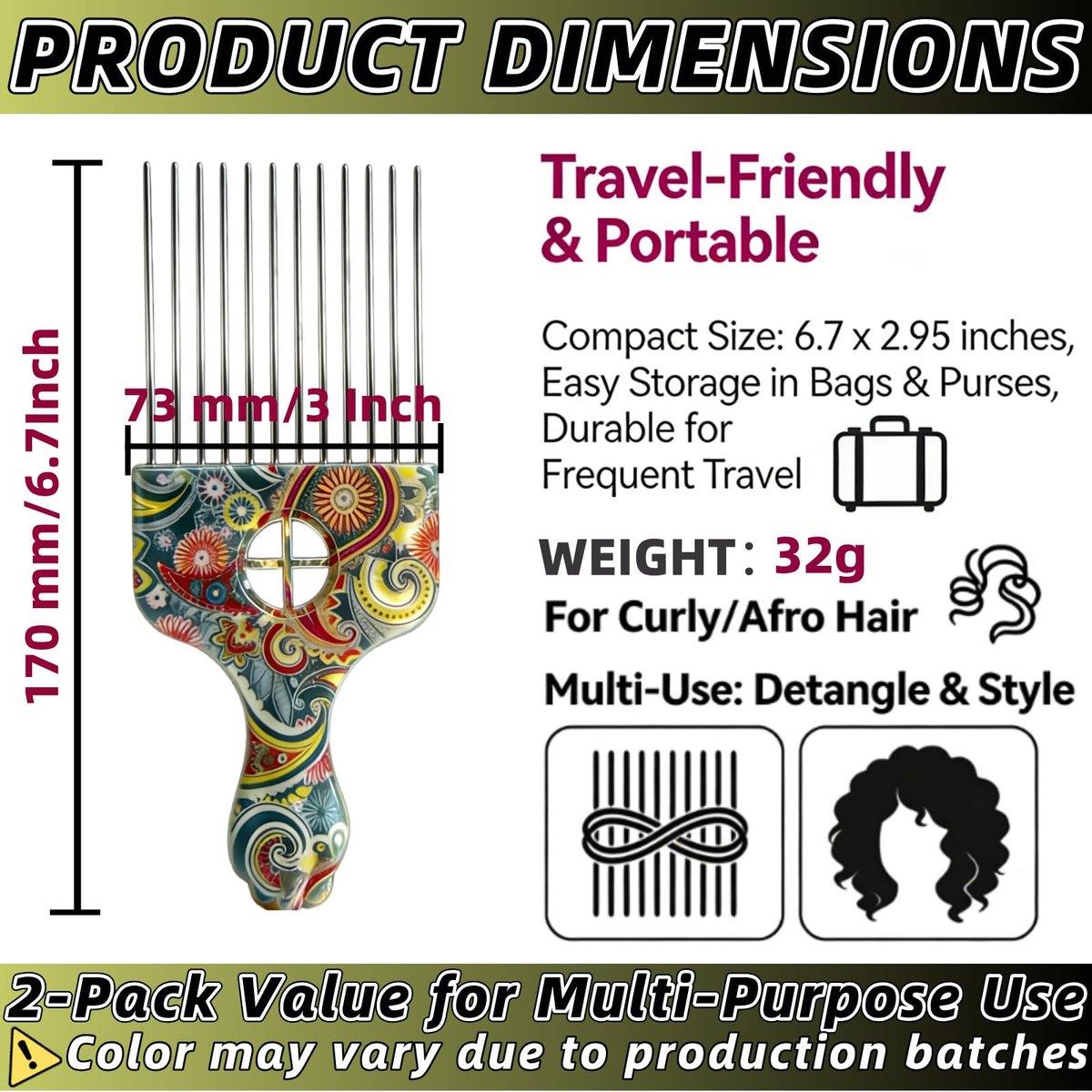 2 Pack Stainless Steel Professional Hair Styling Pick Comb – Wide Tooth Afro Pick for Detangling, Lifting & Volume – Ideal for Women and Men with Curly Hair (Waist Flower K3) - görsel 3