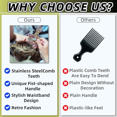 2 Pack Stainless Steel Professional Hair Styling Pick Comb – Wide Tooth Afro Pick for Detangling, Lifting & Volume – Ideal for Women and Men with Curly Hair (Waist Flower K3) - görsel 8