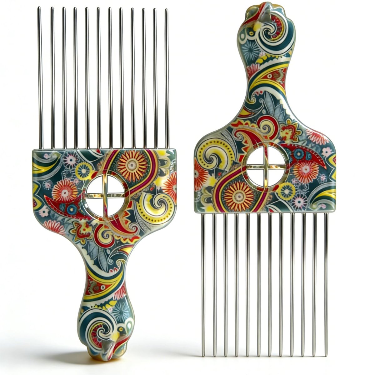 2 Pack Stainless Steel Professional Hair Styling Pick Comb – Wide Tooth Afro Pick for Detangling, Lifting & Volume – Ideal for Women and Men with Curly Hair (Waist Flower K3) - görsel 1
