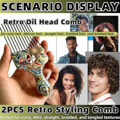2 Pack Stainless Steel Professional Hair Styling Pick Comb – Wide Tooth Afro Pick for Detangling, Lifting & Volume – Ideal for Women and Men with Curly Hair (Waist Flower K3)