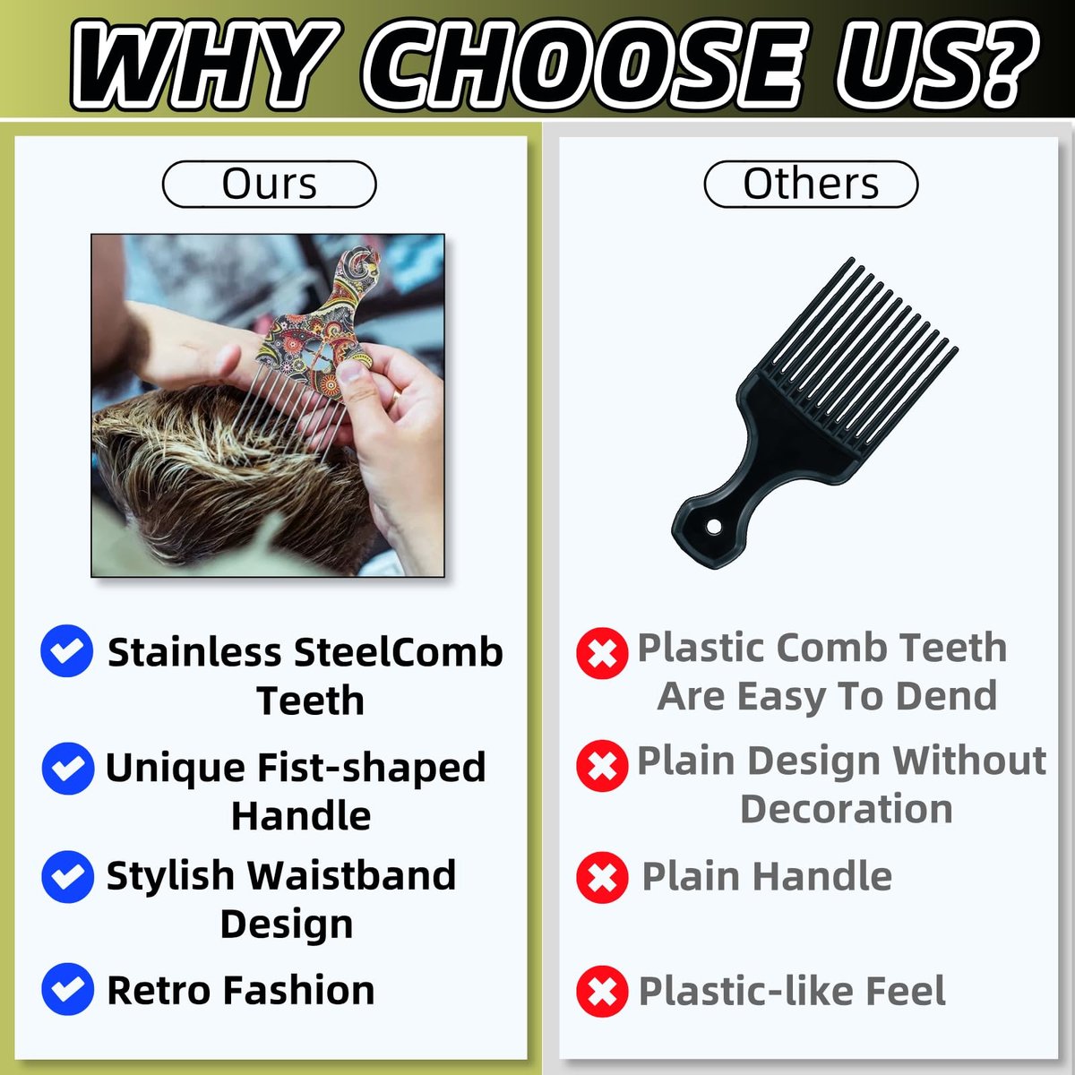 2 Pack Stainless Steel Professional Hair Styling Pick Comb – Wide Tooth Afro Pick for Detangling, Lifting & Volume – Ideal for Women and Men with Curly Hair (Waist Flower K3) - görsel 7