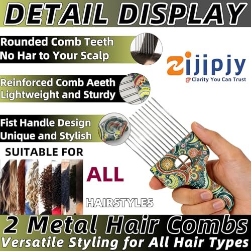 2 Pack Stainless Steel Professional Hair Styling Pick Comb – Wide Tooth Afro Pick for Detangling, Lifting & Volume – Ideal for Women and Men with Curly Hair (Waist Flower K3) - görsel 6
