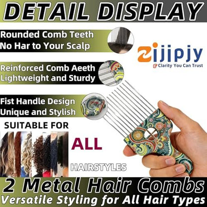 2 Pack Stainless Steel Professional Hair Styling Pick Comb – Wide Tooth Afro Pick for Detangling, Lifting & Volume – Ideal for Women and Men with Curly Hair (Waist Flower K3)